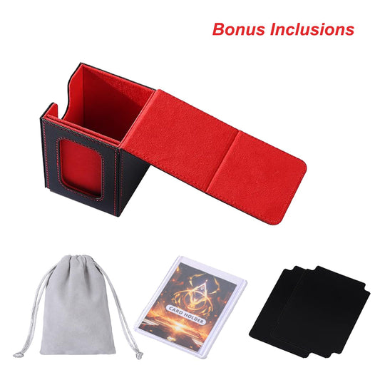 AFIING MTG Deck Box for Commander Display,Card Deck Box Fits 100 Double Sleeved Cards, Magic Commander TCG Card Storage Box with 2 Dividers,Drawstring Bag and 1 Toploader(Black/Red)
