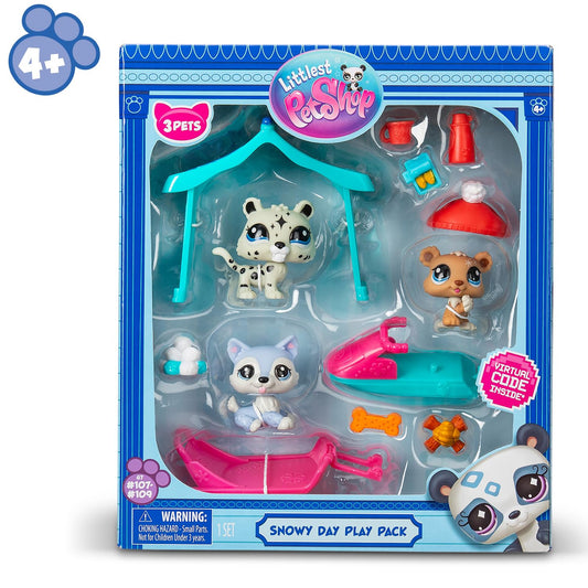 BANDAI Littlest Pet Shop Snow Day Set BF00534 Includes 3 Pets, 3 Accessories, 1 Collector Card, 1 Virtual Code, 1 Snowmobile, 1 Sled, Generation 7 (#107, #108, #109),4 Years+