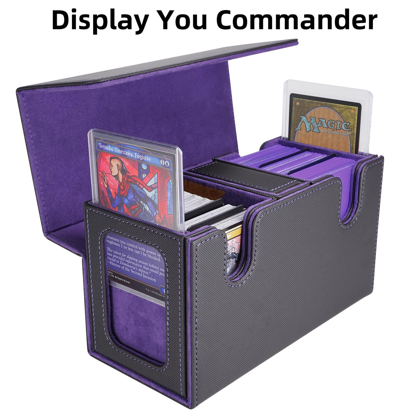 AFIING MTG Commander Deck Box 200 Double Sleeved Cards Storage, 3-in-1 Magnetic Card Case Organizer for Magic: The Gathering TCG CCG, 4 Dividers & 2 Toploaders Black/Purple