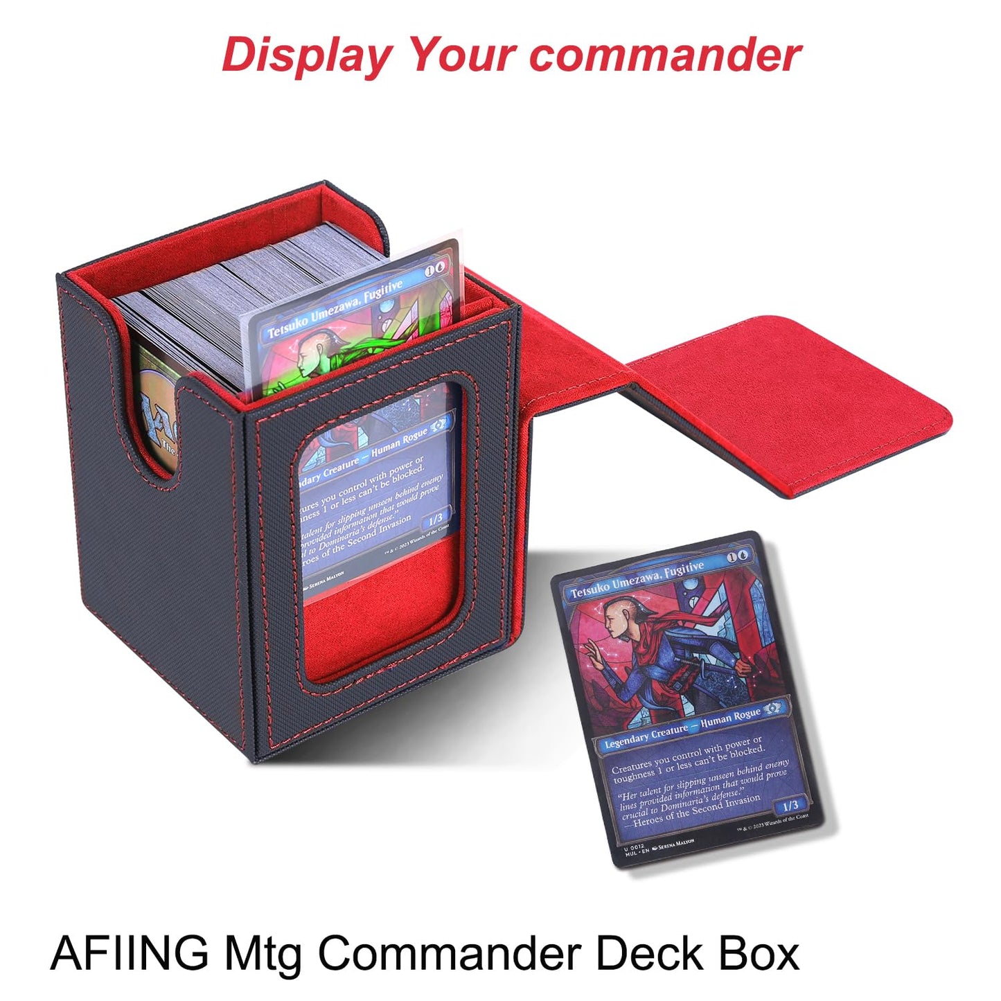 AFIING MTG Deck Box for Commander Display,Card Deck Box Fits 100 Double Sleeved Cards, Magic Commander TCG Card Storage Box with 2 Dividers,Drawstring Bag and 1 Toploader(Black/Red)