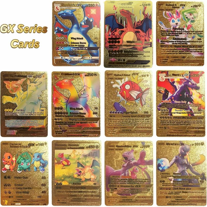 55 PCS Gold Cards Packs Vmax DX GX Rare Golden Cards Deck Box Gold Foil Card for Birthday Party Favors Gifts (No Duplicates) Golden