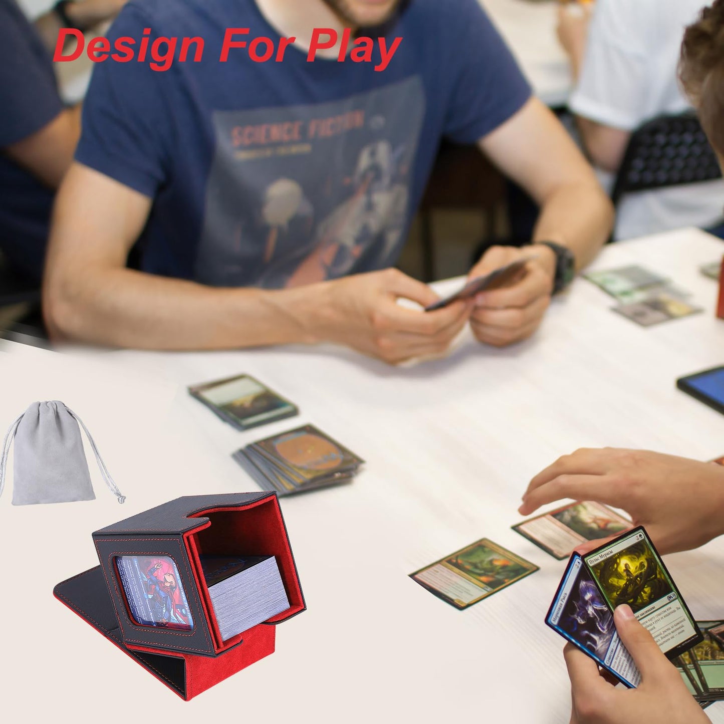 AFIING MTG Deck Box for Commander Display,Card Deck Box Fits 100 Double Sleeved Cards, Magic Commander TCG Card Storage Box with 2 Dividers,Drawstring Bag and 1 Toploader(Black/Red)