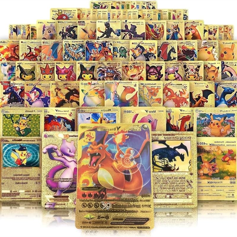 55 PCS Gold Cards Packs Vmax DX GX Rare Golden Cards Deck Box Gold Foil Card for Birthday Party Favors Gifts (No Duplicates) Golden