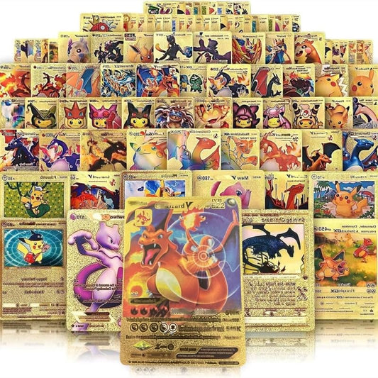 55 PCS Gold Cards Packs Vmax DX GX Rare Golden Cards Deck Box Gold Foil Card for Birthday Party Favors Gifts (No Duplicates) Golden