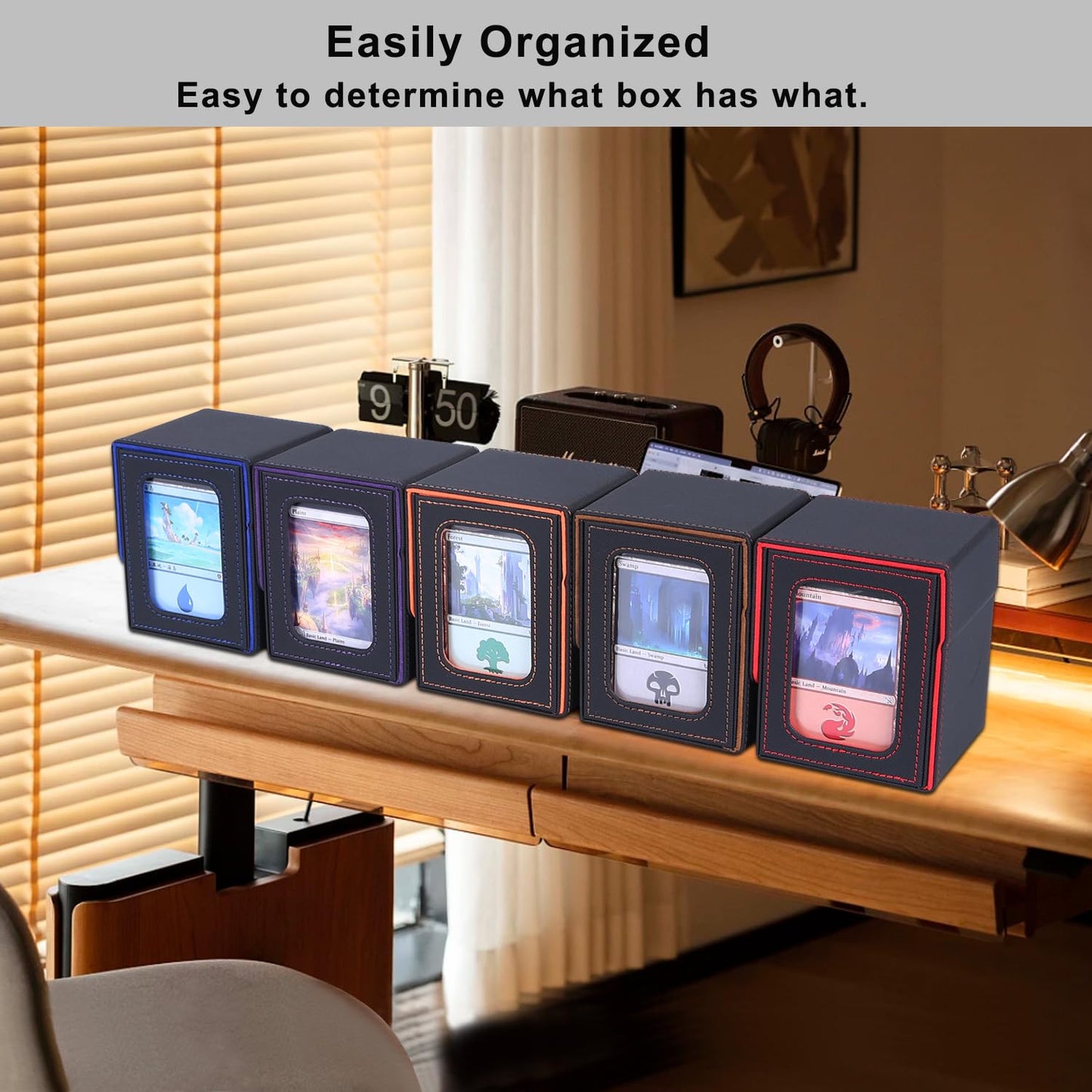 AFIING MTG Deck Box for Commander Display,Card Deck Box Fits 100 Double Sleeved Cards, Magic Commander TCG Card Storage Box with 2 Dividers,Drawstring Bag and 1 Toploader(Black/Red)