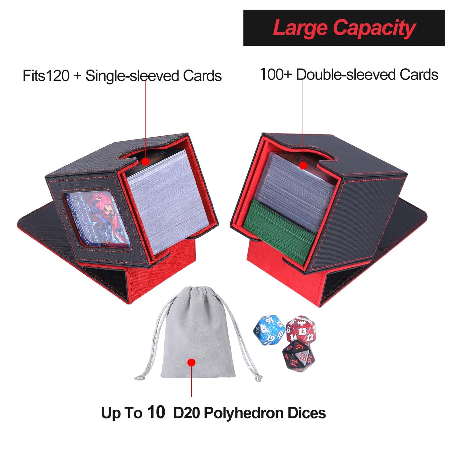 AFIING MTG Deck Box for Commander Display,Card Deck Box Fits 100 Double Sleeved Cards, Magic Commander TCG Card Storage Box with 2 Dividers,Drawstring Bag and 1 Toploader(Black/Red)