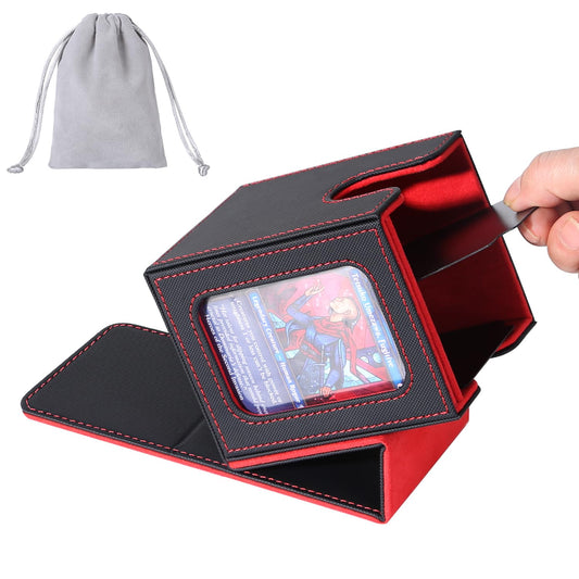 AFIING MTG Deck Box for Commander Display,Card Deck Box Fits 100 Double Sleeved Cards, Magic Commander TCG Card Storage Box with 2 Dividers,Drawstring Bag and 1 Toploader(Black/Red)