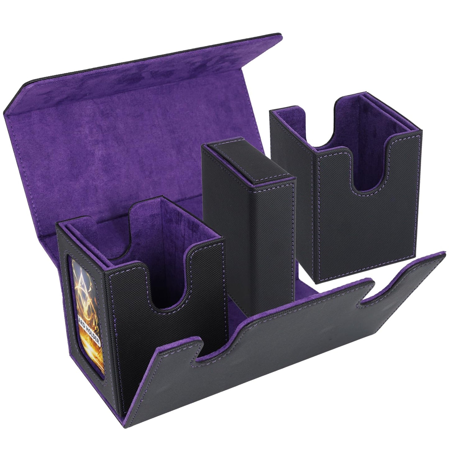 AFIING MTG Commander Deck Box 200 Double Sleeved Cards Storage, 3-in-1 Magnetic Card Case Organizer for Magic: The Gathering TCG CCG, 4 Dividers & 2 Toploaders Black/Purple
