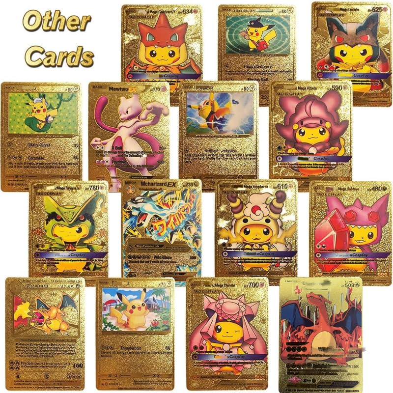 55 PCS Gold Cards Packs Vmax DX GX Rare Golden Cards Deck Box Gold Foil Card for Birthday Party Favors Gifts (No Duplicates) Golden