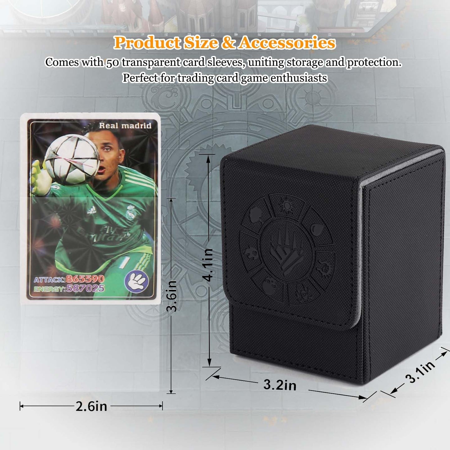 Arkeiliy Card Deck Box, 110+ Storage MTG Deck Box with 50 Pcs Card Sleeve, Collectible Trading Card Cases for Magic Commander and More (Black)