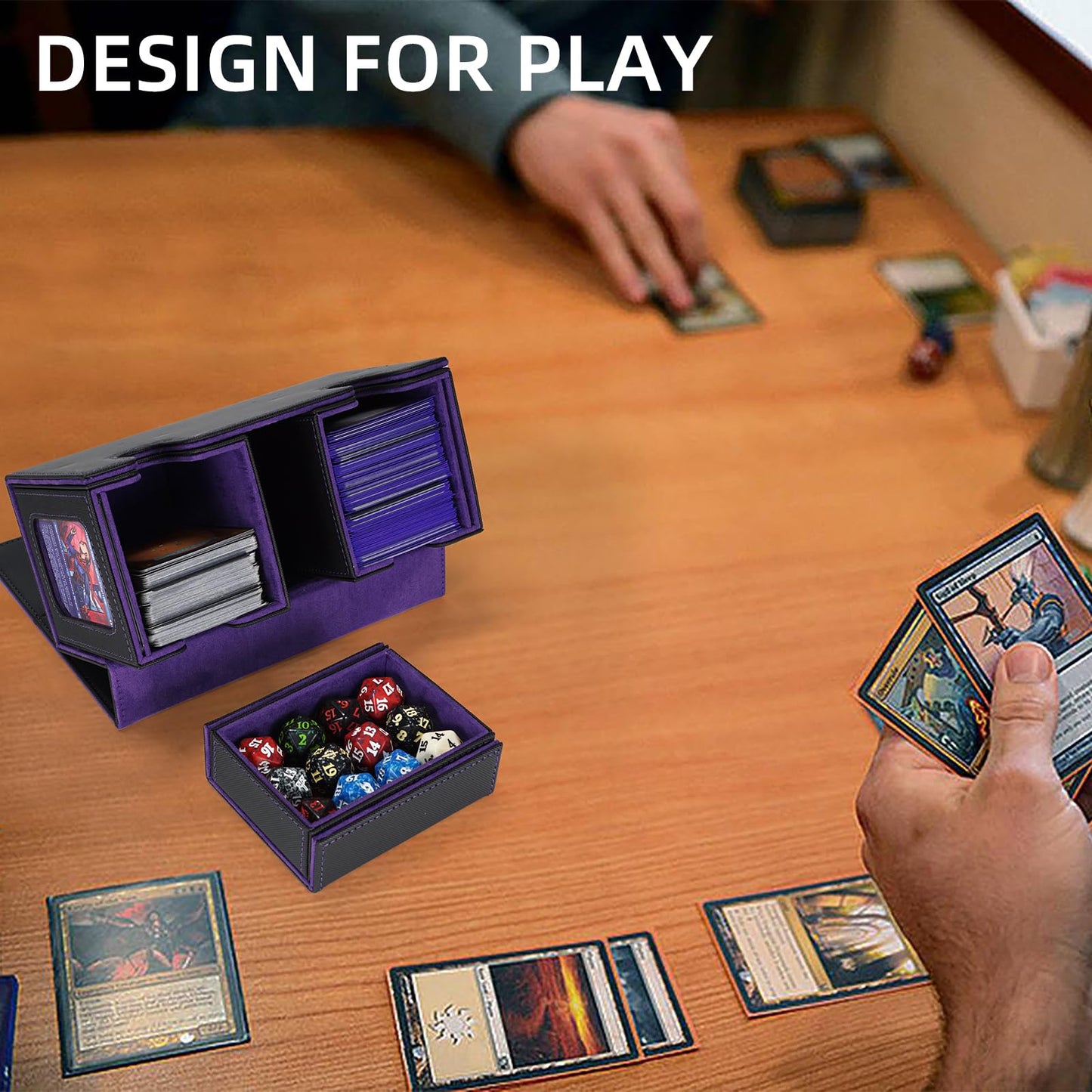 AFIING MTG Commander Deck Box 200 Double Sleeved Cards Storage, 3-in-1 Magnetic Card Case Organizer for Magic: The Gathering TCG CCG, 4 Dividers & 2 Toploaders Black/Purple