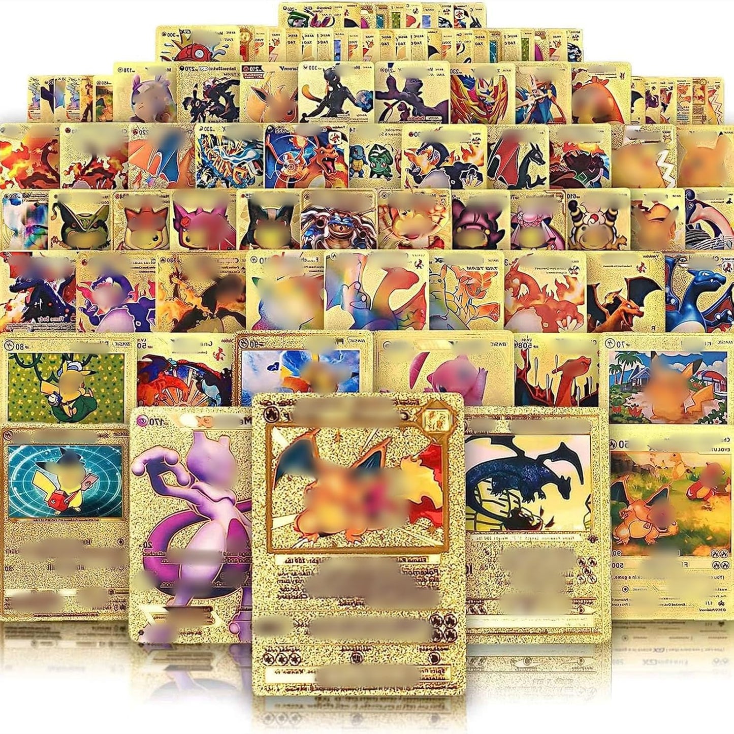 55 PCS Gold Foil Cards Deck Box - Ultra Rare Vmax DX GX V EX Cards Set - No Duplicates Golden Cards - Best Gift for Fans, Kids & Collectors