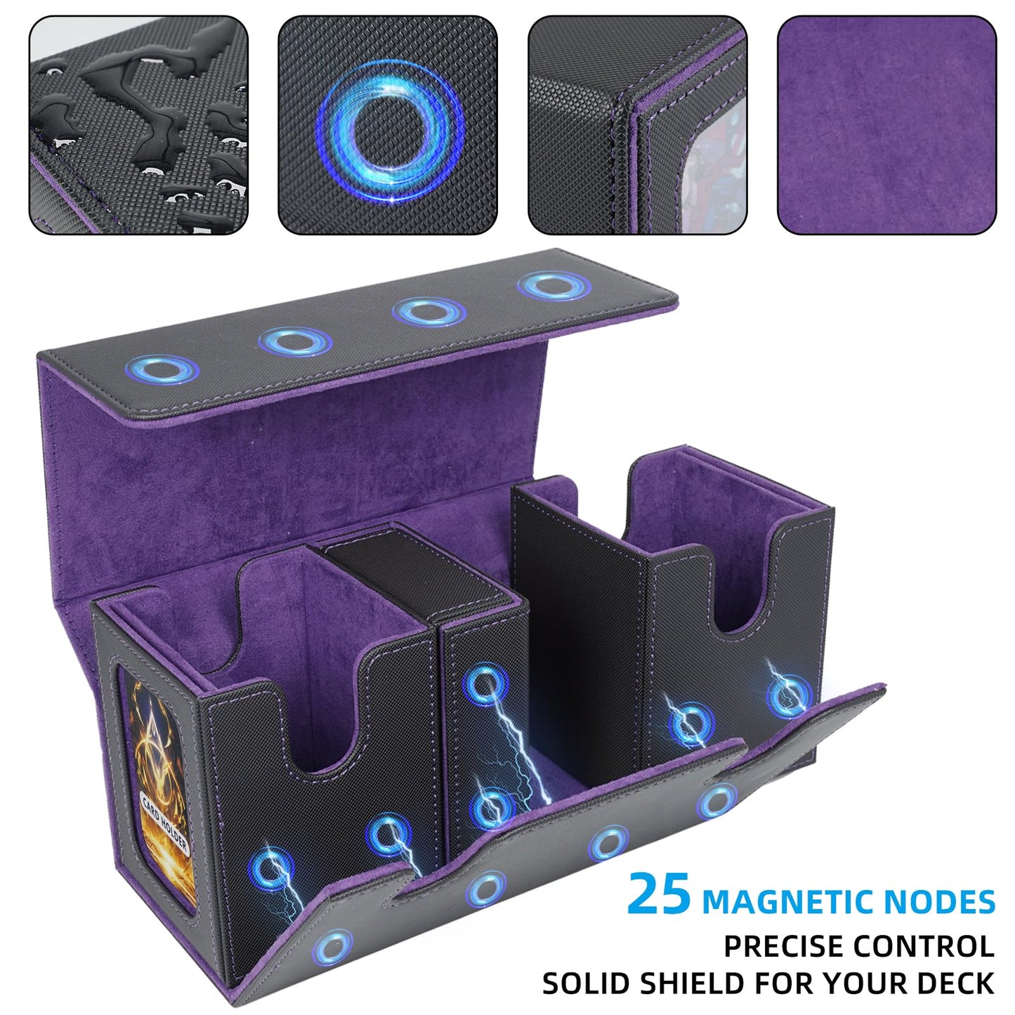 AFIING MTG Commander Deck Box 200 Double Sleeved Cards Storage, 3-in-1 Magnetic Card Case Organizer for Magic: The Gathering TCG CCG, 4 Dividers & 2 Toploaders Black/Purple