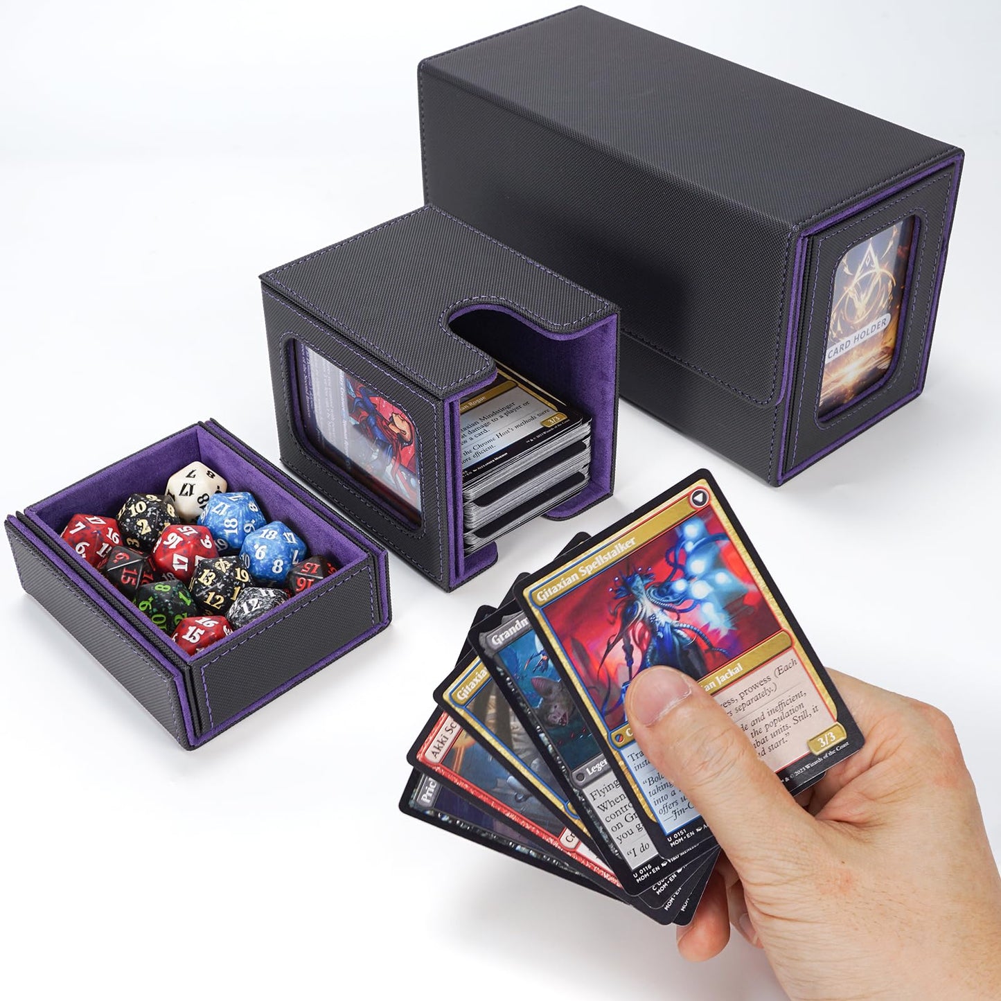 AFIING MTG Commander Deck Box 200 Double Sleeved Cards Storage, 3-in-1 Magnetic Card Case Organizer for Magic: The Gathering TCG CCG, 4 Dividers & 2 Toploaders Black/Purple