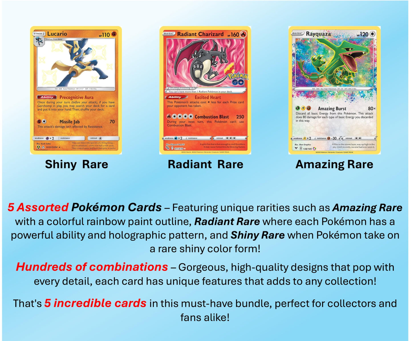 5 Pokemon Card - Shiny Rare/Radiant Rare/Amazing Rare Lot - 5 Assorted Cards - No Duplicates